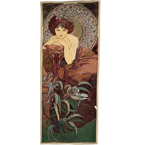Alphonse MUCHA Emerald Emeraude, Hand Finished BELGIAN Tapestry Wall Hanging, fully lined with rod sleeve, 18&quot; x 45&quot;, 47cm x 115cm