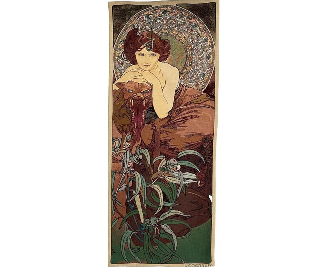 Alphonse MUCHA Emerald Emeraude, Hand Finished BELGIAN Tapestry Wall Hanging, fully lined with rod sleeve, 18" x 45", 47cm x 115cm