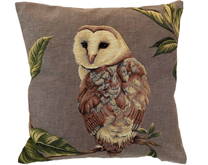 Barn Owl BELGIAN JACQUARD WOVEN Hand Finished Fauve Fine Arts Tapestry Cushion Pillow Cover with Zipper, 46cm x 46cm, 18" x 18"