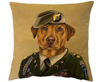 Military Labrador Anthropomorphic US Airborne Ranger Dog Belgium BELGIAN Jacquard WOVEN Tapestry Pillow Cushion Cover 45cm, 18" With Zip