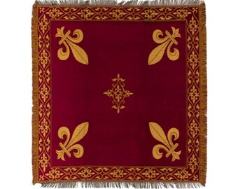 BELGIAN Jacquard Woven 150cm x 150cm Fleur de Lys Red & Gold TAPESTRY Table Chair Sofa Throw Bed Spread Occasional Cover with Tassels
