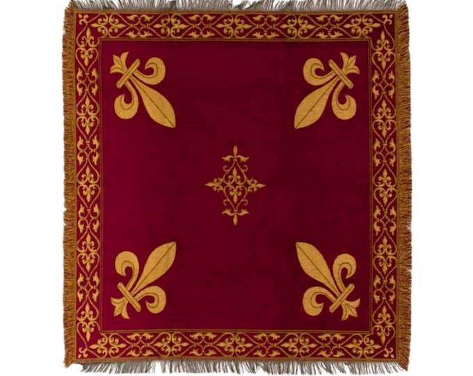 BELGIAN Jacquard Woven 150cm x 150cm Fleur de Lys Red & Gold TAPESTRY Table Chair Sofa Throw Bed Spread Occasional Cover with Tassels