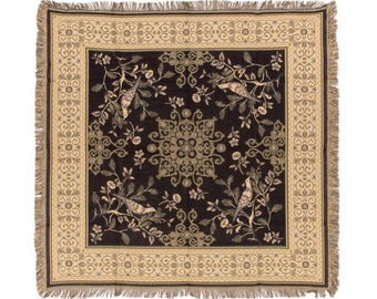 BELGIAN Jacquard Woven 150cm x 150cm "PEKIN" TAPESTRY Table Throw Bed Spread Occasional Cover with Tassels (Dark background)