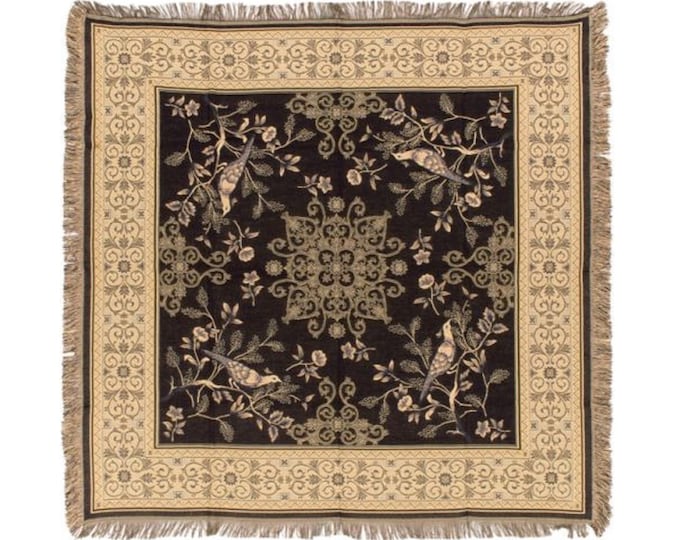 BELGIAN Jacquard Woven 150cm x 150cm "PEKIN" TAPESTRY Table Throw Bed Spread Occasional Cover with Tassels (Dark background)