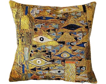 Gustav KLIMT Patchwork BELGIAN Belgium Jacquard WOVEN Hand Finished Tapestry Pillow Cushion Cover with Gold Lurex, 46cm x 46cm, 18" x 18"