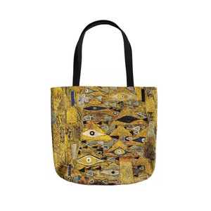Puede incluir: Una bolsa de tela amarilla y azul con un patrón repetido de ojos y formas geométricas. La bolsa tiene asas negras.