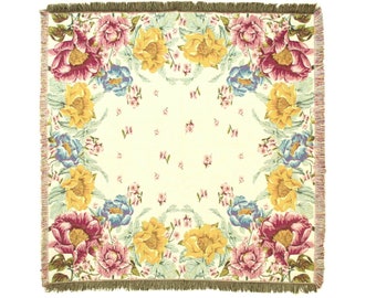 BELGIAN Jacquard Woven 150cm x 150cm FLORAL TAPESTRY Table Throw Bed Spread Occasional Cover with Tassels