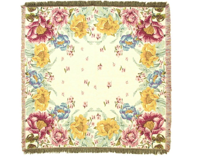 BELGIAN Jacquard Woven 150cm x 150cm FLORAL TAPESTRY Table Throw Bed Spread Occasional Cover with Tassels
