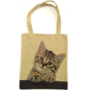 Cute Cat Kitten Chat Chaton FRENCH TAPESTRY Woven Hand Finished Tote Shoulder Bag Handbag with Matching Tapestry Straps / Handles