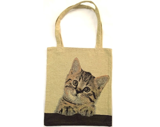 Cute Cat Kitten Chat Chaton FRENCH TAPESTRY Woven Hand Finished Tote Shoulder Bag Handbag with Matching Tapestry Straps / Handles