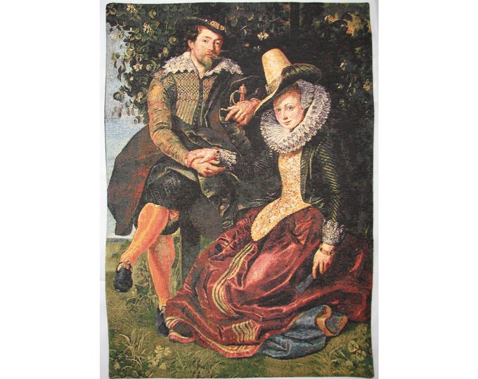 RUBENS with Isabella BRANT Honeysuckle Bower BELGIAN jacquard woven tapestry wall hanging, lined + rod sleeve, 68cm x 47cm, 26.8" x 18.5"
