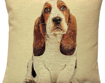Basset Hound Dog Hand Finished Tapestry Pillow Cushion Cover, Zip, Soft Touch Velvet Cotton Reverse 44cm x 44cm 17" x 17"