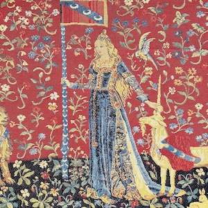 クルーニー婦人とユニコーン The Touch BELGIAN ベルギー製ジャカード織りタペストリー 壁掛け 25.2" x 17.7" / 64 cm x 45 cm 裏地付き + ロッドスリーブ
