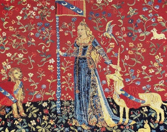 Cluny Lady & the Unicorn The Touch BELGIAN Belgium jacquard woven tapestry wall hanging 25.2" x 17.7" / 64cm x 45cm fully lined + rod sleeve