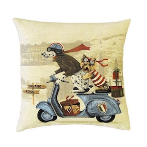 Blue Scooter Lambretta Dog Racers, federa per cuscino in tessuto jacquard BELGA rifinita a mano, 46 cm x 46 cm, 18" x 18", 1649