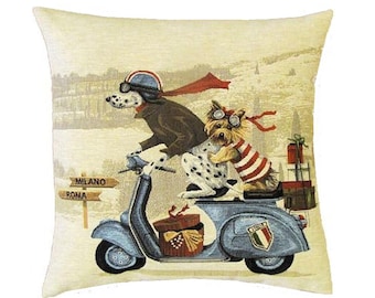 Blue Scooter Lambretta Dog Racers, BELGIAN Jacquard WOVEN Hand Finished Tapestry Pillow Cushion Cover, 46cm x 46cm, 18" x 18", 1649