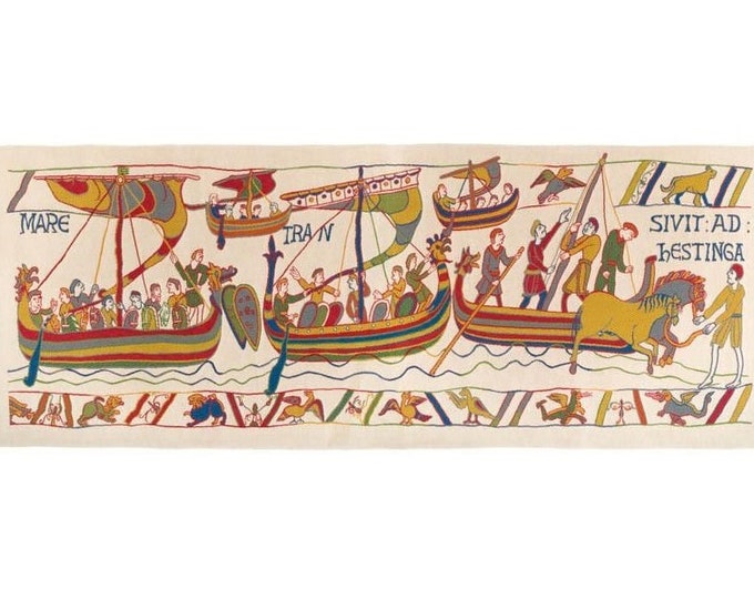 Reproduction of ARMADA from BAYEUX tapestry 71" X 27" (70cm x 178cm) BELGIAN jacquard woven tapestry wall hanging, fully lined + rod sleeve
