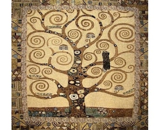 GUSTAV KLIMT Tree of Life 28" x 25.5", 71cm x 65cm,  High Quality BELGIAN Jacquard Woven Hand Finished Tapestry Wall Hanging with Rod Sleeve