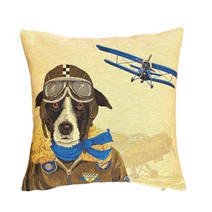Copricuscino con motivo arazzo con cane, biplano, aeroplano blu, pilota, tessuto jacquard BELGA, rifinito a mano, 46 cm x 46 cm, 18" x 18", 1593C