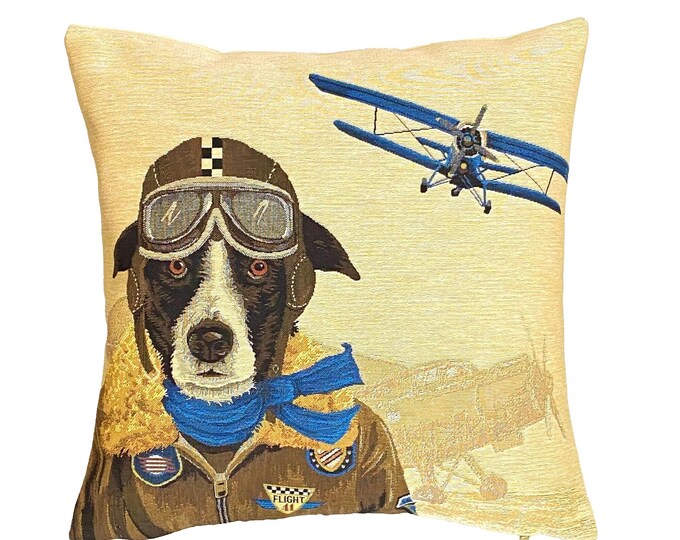 Blue Aeroplane Biplane Dog Flyer Pilot , BELGIAN Jacquard WOVEN Hand Finished Tapestry Pillow Cushion Cover, 46cm x 46cm, 18" x 18", 1593C