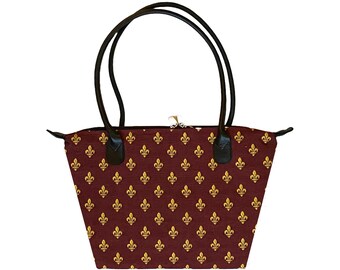 BELGIAN TAPESTRY Malta Style Hand Bag 36cm x 24cm, Gold Fleur de Lys on Red, Hand finished, fully lined with leather handles & zip closure