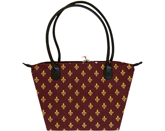 BELGIAN TAPESTRY Malta Style Hand Bag 36cm x 24cm, Gold Fleur de Lys on Red, Hand finished, fully lined with leather handles & zip closure