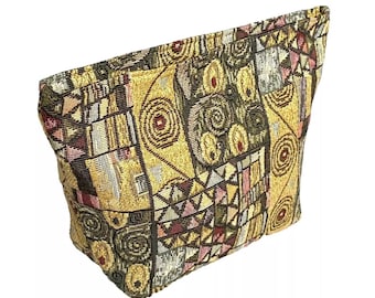 Klimt Pattern Hand Finished BELGIAN TAPESTRY Tiffany Trousse Purse Pouch Toiletry Cosmetic Bag 23cm x 15cm x 8cm with gold lurex, lined, zip