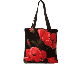 BELGIAN Tapestry Woven Hand Finished Large Tote Shoulder Bag Handbag, Big POPPIES Flowers, Size 46cm x 46cm 18" x 18" Excl. Handles