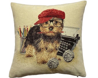 Yorkshire Terrier Dog News Editor, French Hand Finished Tapestry Pillow Cushion Cover, 17" x 17" 44cm x 44cm