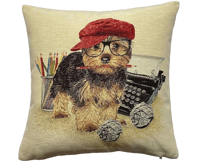 Yorkshire Terrier Dog News Editor, French Hand Finished Tapestry Pillow Cushion Cover, 17" x 17" 44cm x 44cm