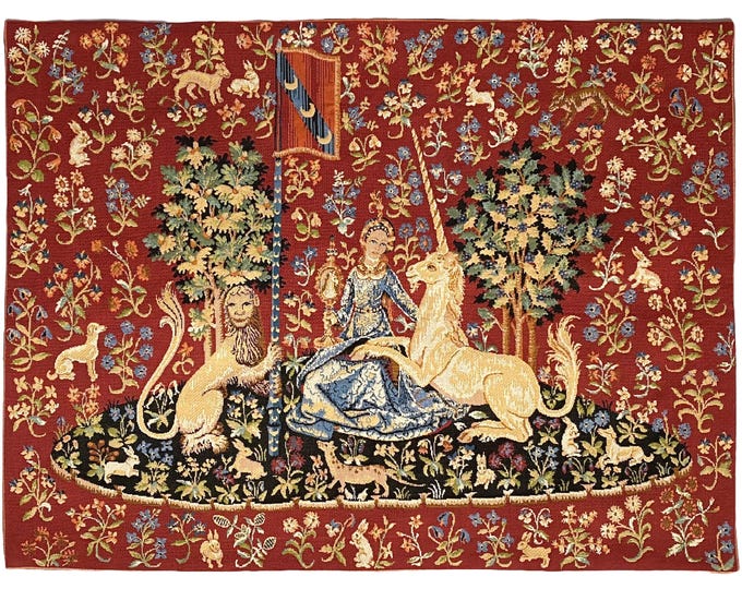 Cluny Lady & the Unicorn The View BELGIAN Belgium jacquard woven tapestry wall hanging 36" x 27" / 92cm x 69cm fully lined + rod sleeve