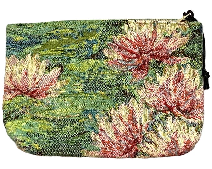 Nenuphars Roses, Pink Water Lilies, Hand Finished BELGIAN TAPESTRY LARGE Trousse Purse Pouch Toiletry Cosmetic Bag 20CM x 15CM, with zip