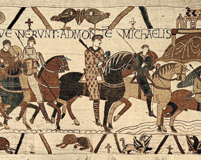Reproduction of part of BAYEUX tapestry MONT Saint Michel 57cm x 100cm BELGIAN jacquard woven tapestry wall hanging fully lined + rod sleeve