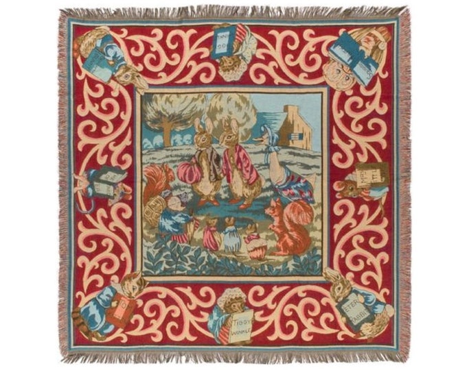 Beatrix Potter PETER RABBIT Belgian Jacquard Woven Hand Finished 150cm x 150cm Fringed TAPESTRY Table Throw Bed Spread Occasional Cover