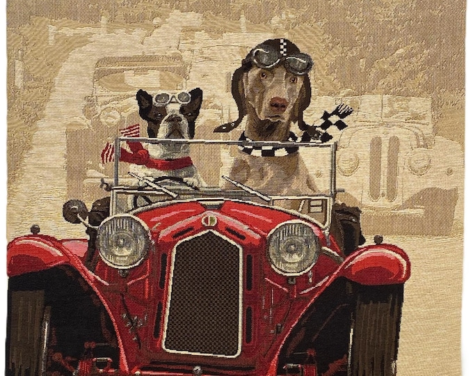 Red Vintage Car Dog Racers BELGIAN Jacquard WOVEN Hand Finished Tapestry Pillow Cushion Cover with Beige Velvet Reverse 46cm 18" 1547A