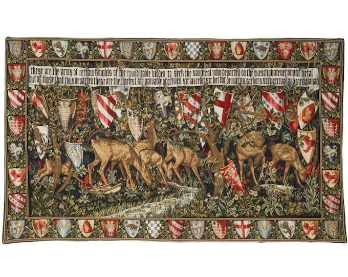 William Morris Coats of Arms Shields of Round Table Knights BELGIAN jacquard woven tapestry wall hanging, rod sleeve, 43" x 26" 123cm x 68cm