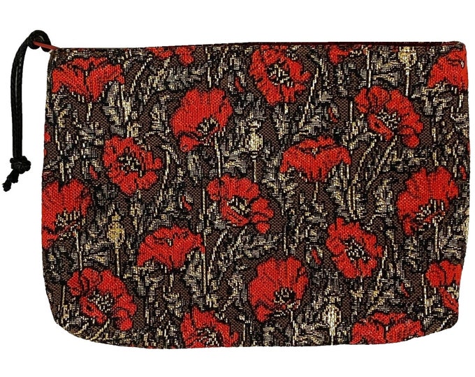 Red Poppies on Brown & Silver Background Hand Finished BELGIAN TAPESTRY Trousse Purse Pouch Toiletry Cosmetic Bag 20CM X 15CM, with zip