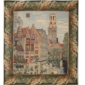Rozenhoedkaai (Muelle del Rosario) Brujas Brujas Bélgica, TAPICE DE PARED TEJIDO JACQUARD BELGA, forrado con manga de varilla 53cm x 46cm 21" x 18"
