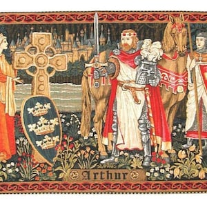 Depiction of KING ARTHUR & Lady Gwynevere, Quest for Holy Grail 55&quot;, 141cm x 95cmBELGIAN woven tapestry lined wall hanging with rod sleeve