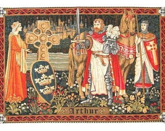 Depiction of KING ARTHUR & Lady Gwynevere, Quest for Holy Grail 55", 141cm x 95cmBELGIAN woven tapestry lined wall hanging with rod sleeve