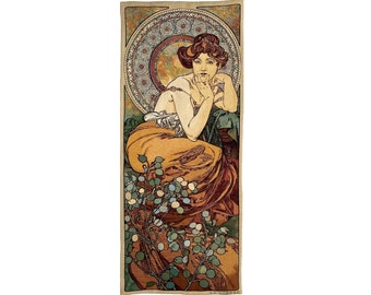 Alphonse MUCHA Topaz Topaze, Hand Finished BELGIAN Tapestry Wall Hanging, fully lined with rod sleeve, 18" x 45", 47cm x 115cm