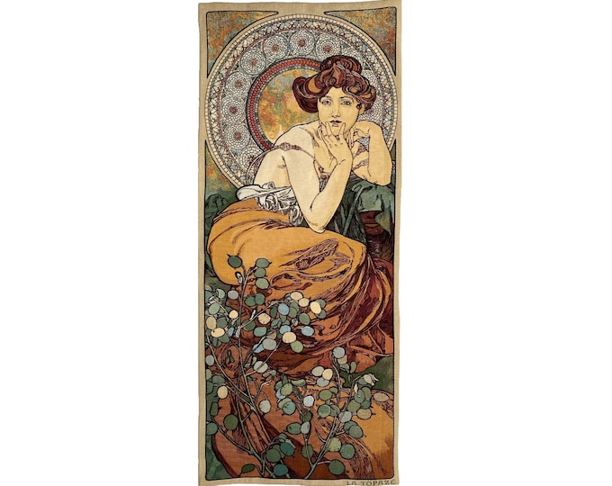 Alphonse MUCHA Topaz Topaze, Hand Finished BELGIAN Tapestry Wall Hanging, fully lined with rod sleeve, 18" x 45", 47cm x 115cm