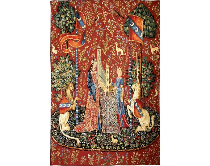 Cluny Lady & the Unicorn The Hearing BELGIAN Belgium jacquard woven tapestry wall hanging 142cm x 95cm 56" x 37.5", fully lined + rod sleeve