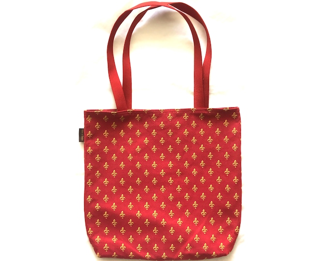 BELGIAN Tapestry Woven Hand Finished Tote Shoulder Bag Handbag, FLEUR de LYS Red & Gold, 46cm x 46cm 18" x 18" Excluding Handles