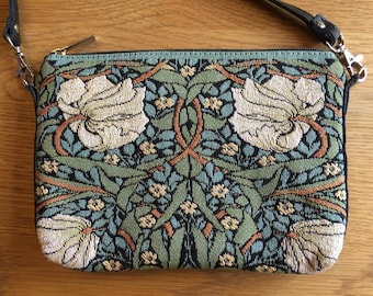 BELGIAN TAPESTRY Hand Finished Wm William MORRIS Pimpernel Fully Lined Clutch / Evening Bag 23CM X 16CM, detachable leather shoulder strap