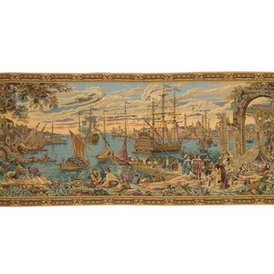 16th Century VENICE Harbour, BELGIAN Belgium Jacquard WOVEN Hand Finished Tapestry Wall Hanging, 152cm x 66cm, 60&quot; x 26&quot;, lined