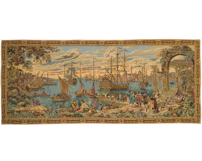 16th Century VENICE Harbour, BELGIAN Belgium Jacquard WOVEN Hand Finished Tapestry Wall Hanging, 152cm x 66cm, 60" x 26", lined