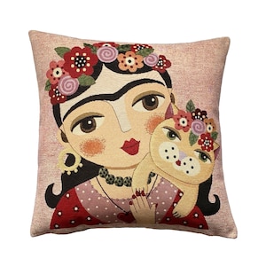 Frida KAHLO With Cat French Hand Finished Tapestry Pillow Cushion Cover WIth Zip & Soft Touch Velvet Cotton Reverse, 44cm x 44cm, 17" x 17"