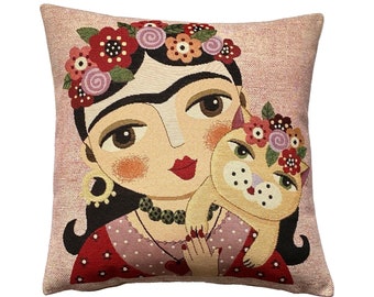 Frida KAHLO With Cat French Hand Finished Tapestry Pillow Cushion Cover WIth Zip & Soft Touch Velvet Cotton Reverse, 44cm x 44cm, 17" x 17"