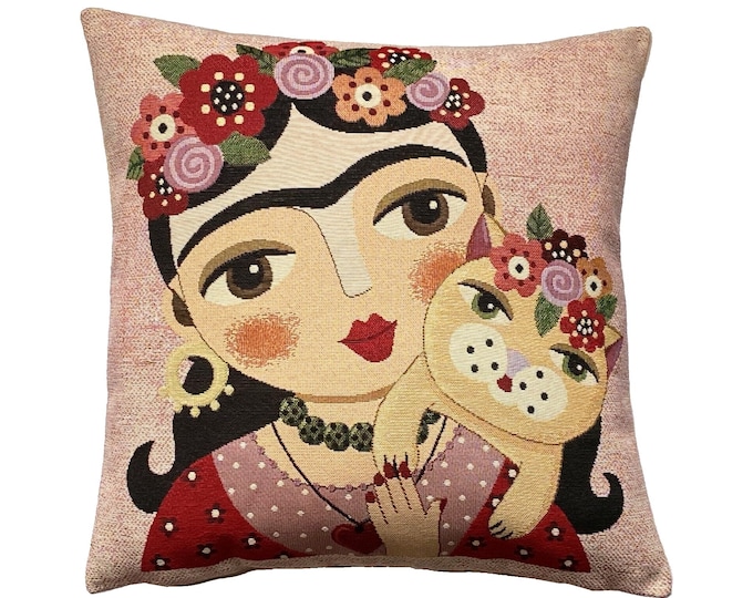 Frida KAHLO With Cat French Hand Finished Tapestry Pillow Cushion Cover WIth Zip & Soft Touch Velvet Cotton Reverse, 44cm x 44cm, 17" x 17"